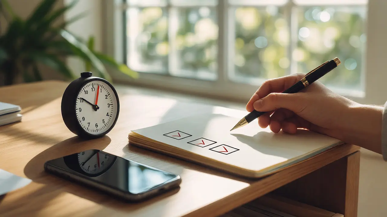Organized desk with a timer and checklist promoting focused study habits