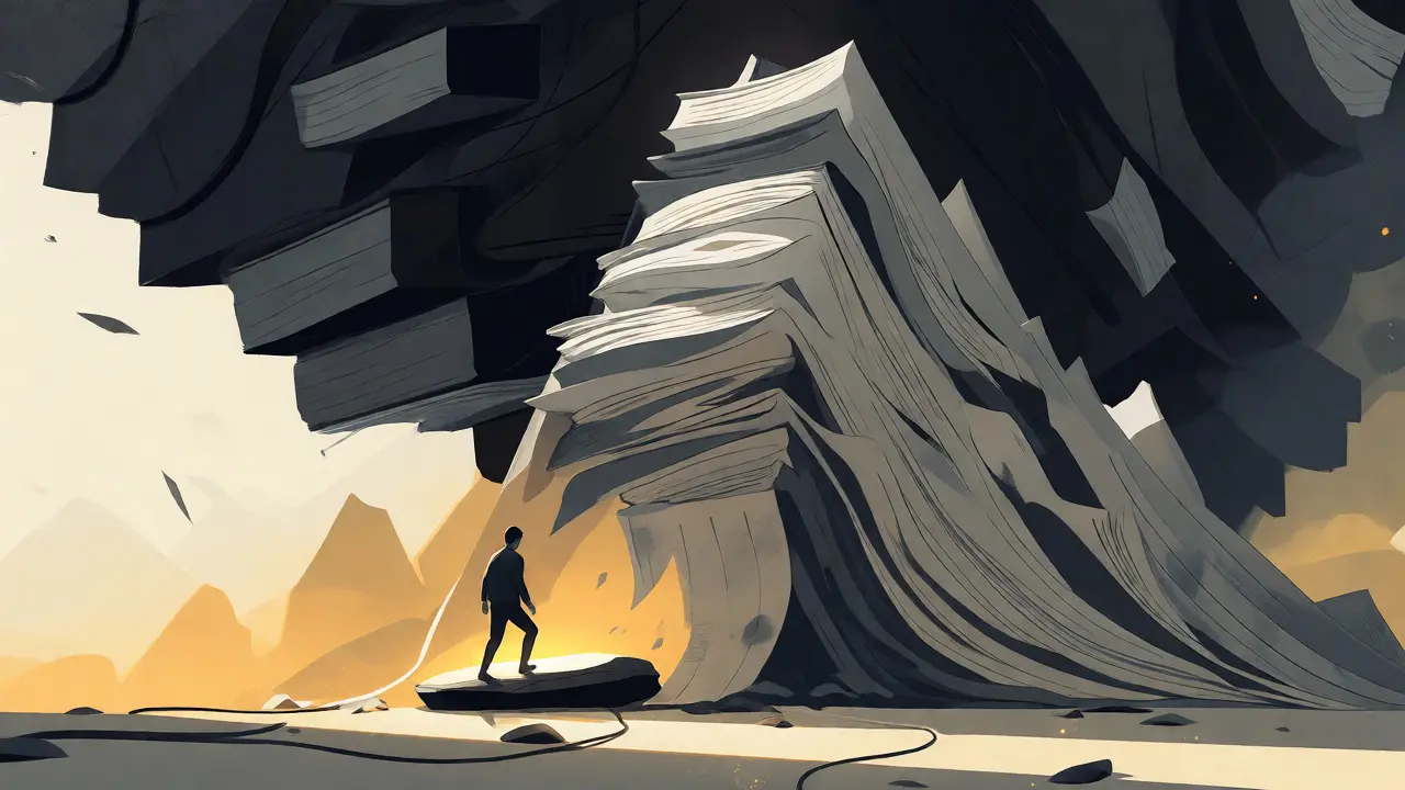 Person taking a small step toward a mountain of books representing big tasks