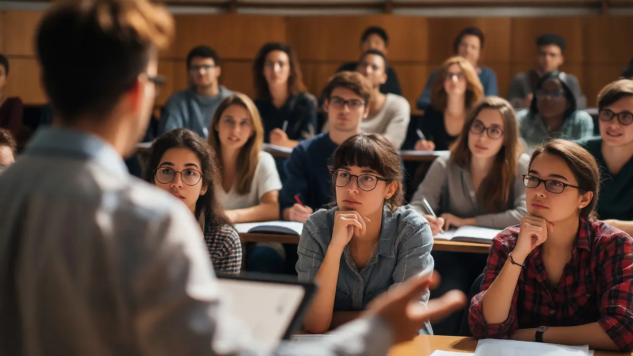 Presenter engaging with tutors and peers during a critical Q&amp;A session in a seminar.