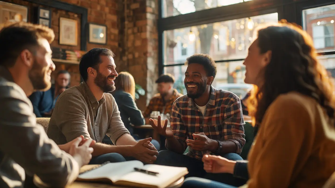 Professionals networking positively in a sunny UK coffee shop