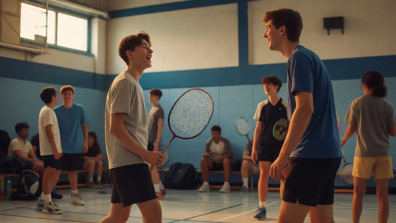 Relaxed recreational badminton session with students of varying skill levels playing together.