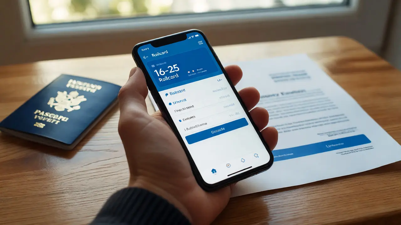 Smartphone showing digital Railcard next to ID documents