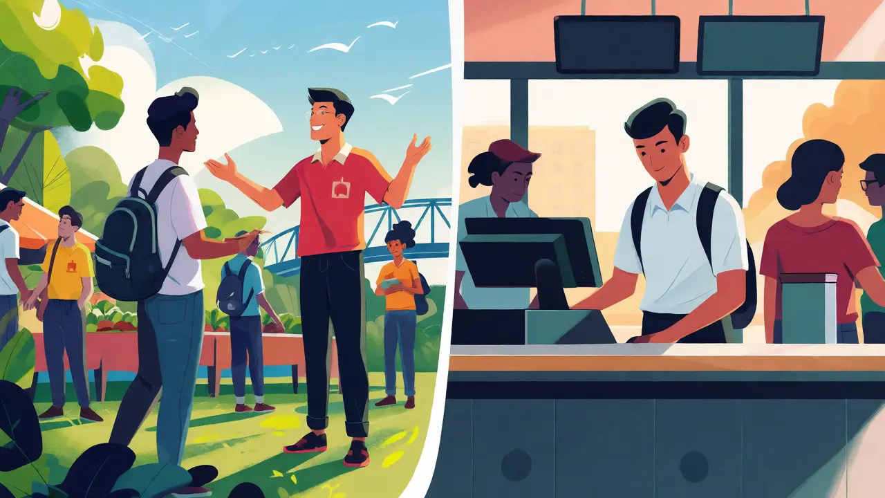 Split scene comparing active volunteering with busy paid customer service work