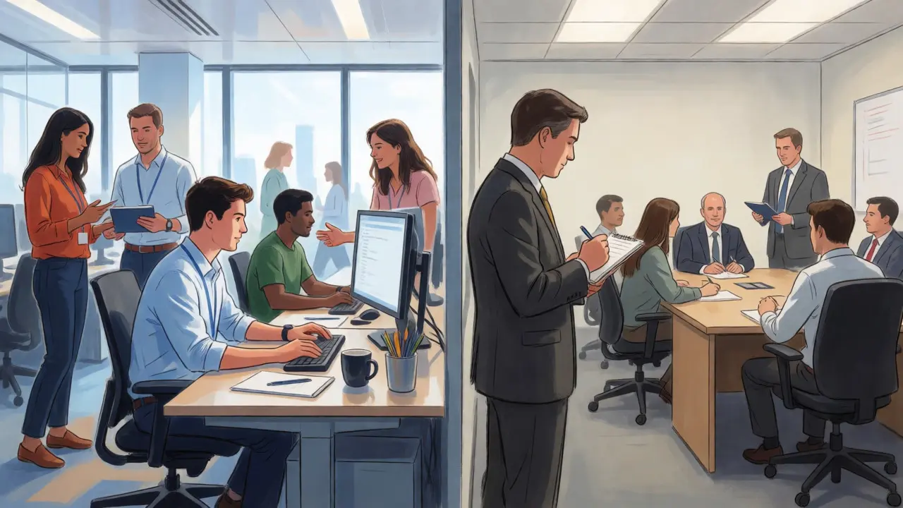 Split view contrasting active intern work with passive work experience observation.