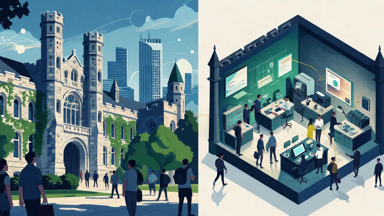 Split view contrasting general university prestige with specialized subject facilities