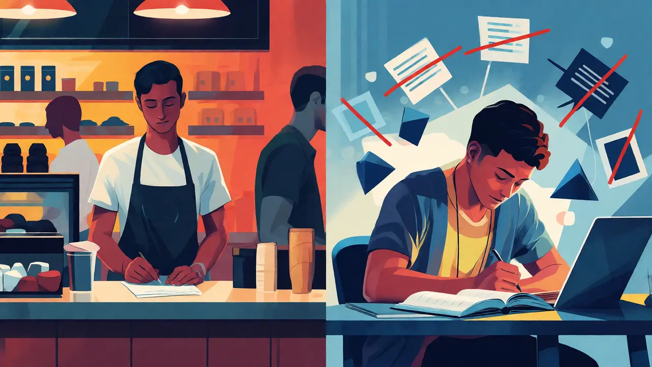 Split view of student balancing part-time job and studies