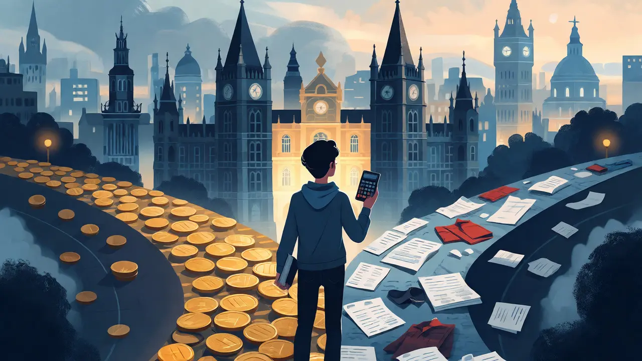 Student balancing finances and studies in city