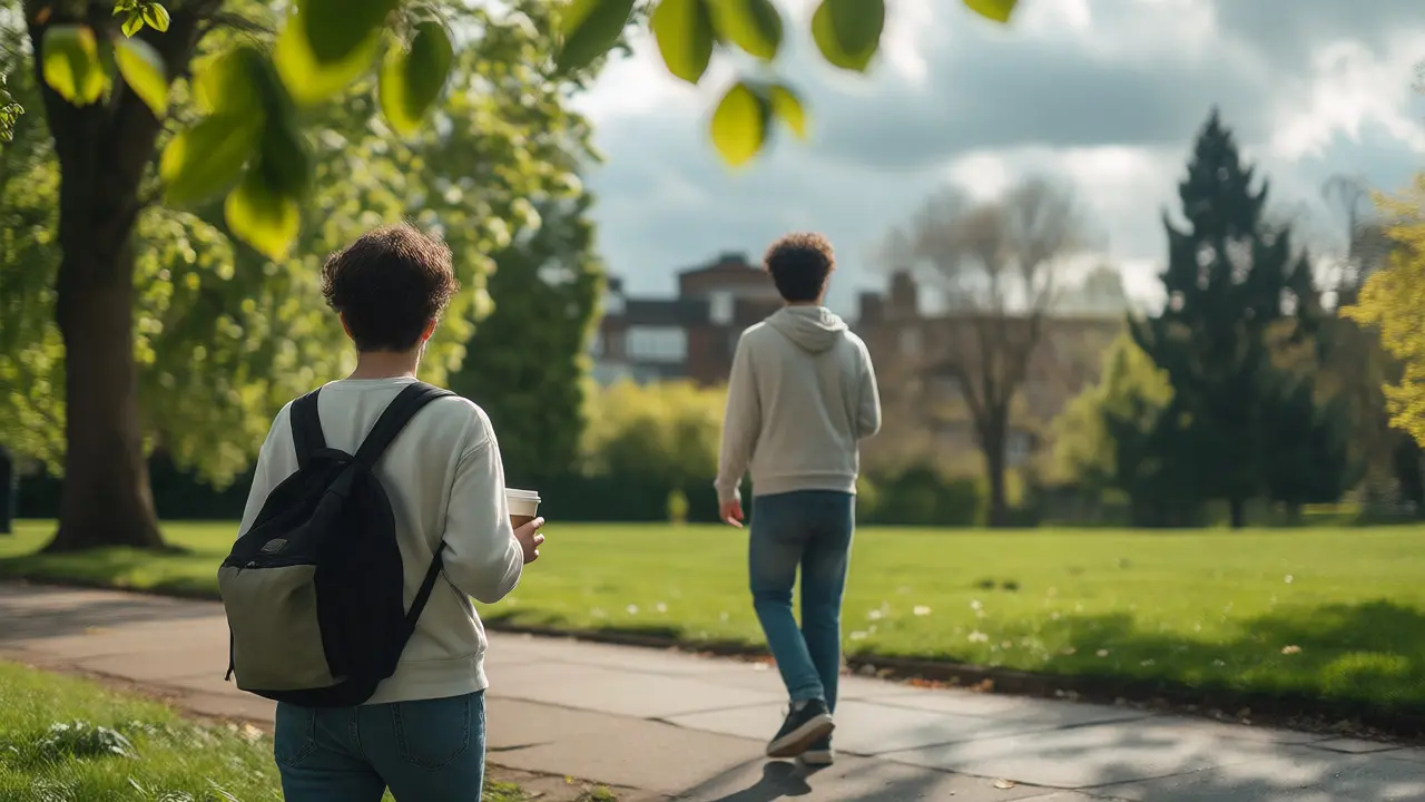 Student finding relief during a walk in a sunny UK park.