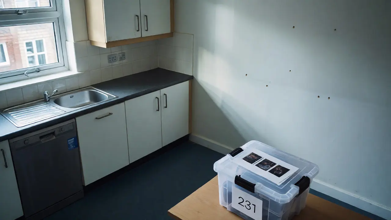Student flat interior with photo evidence boxes on table for inspection