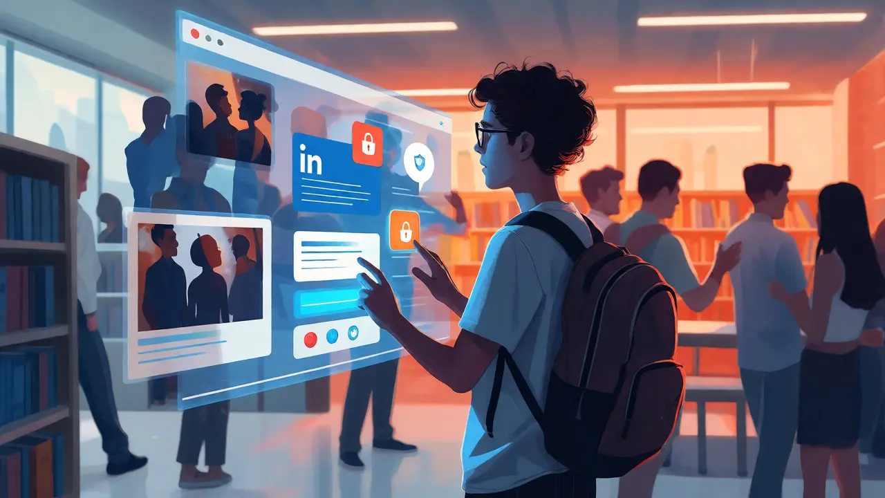 Student managing digital footprint with holographic privacy controls and curated content.