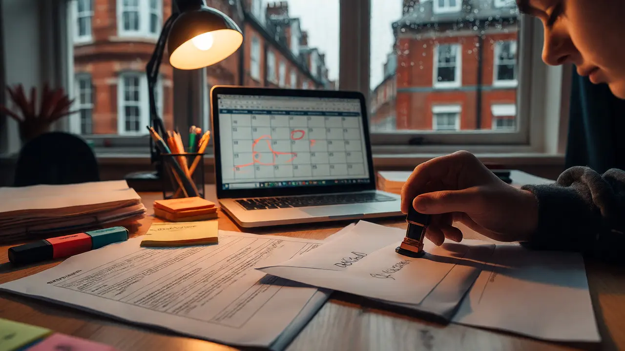 Student organizing scholarship applications on a desk with UK view