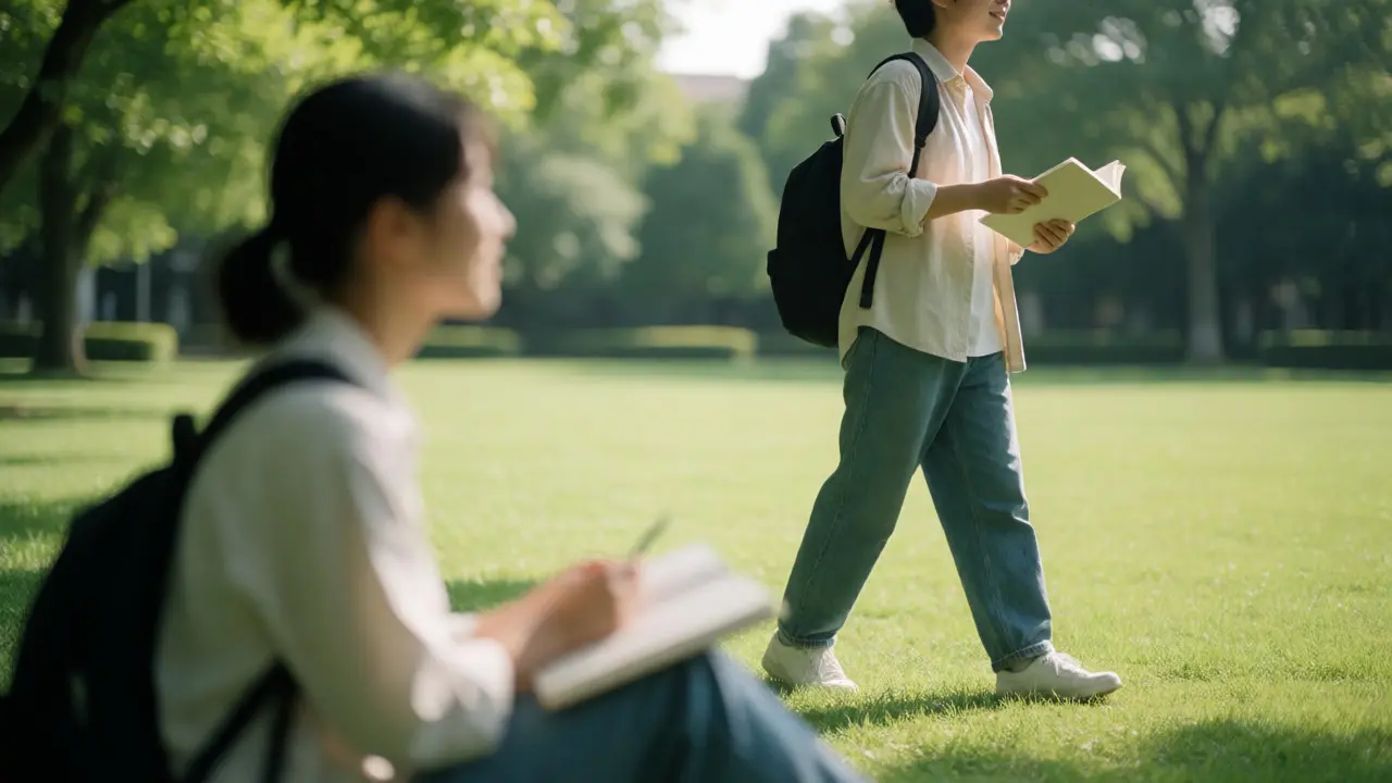 Student relaxing on a sunny campus lawn, taking a break from academic work.