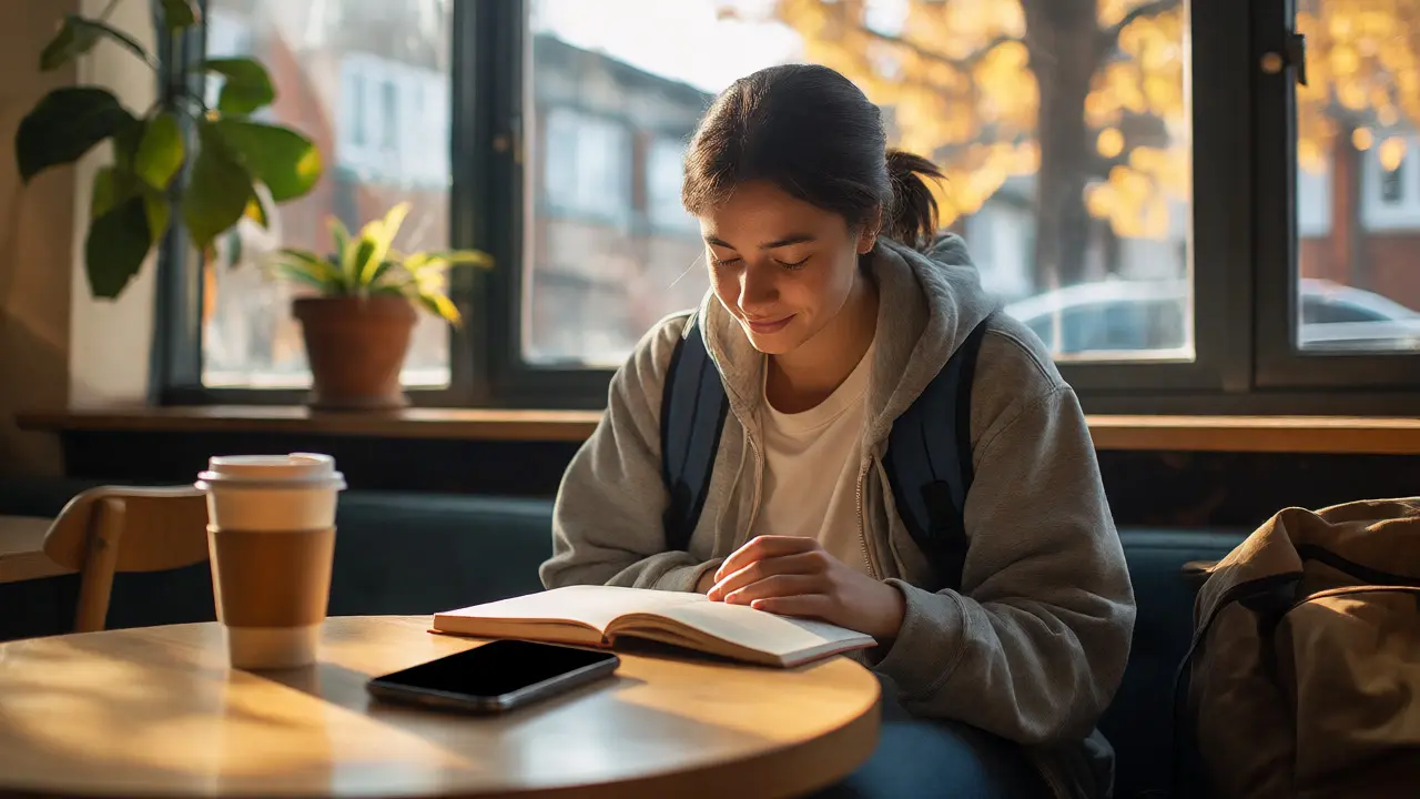 Student relaxing with a book, phone set aside, enjoying offline balance.