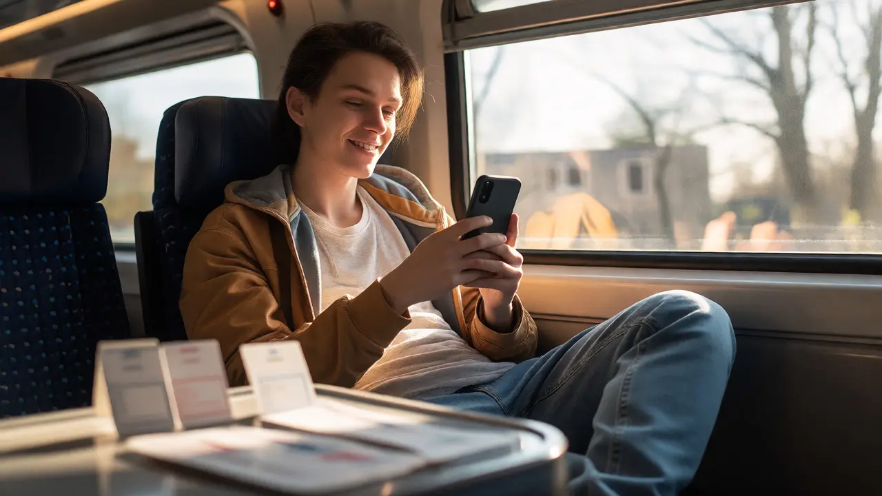 Student reviewing flashcards on a train during the day