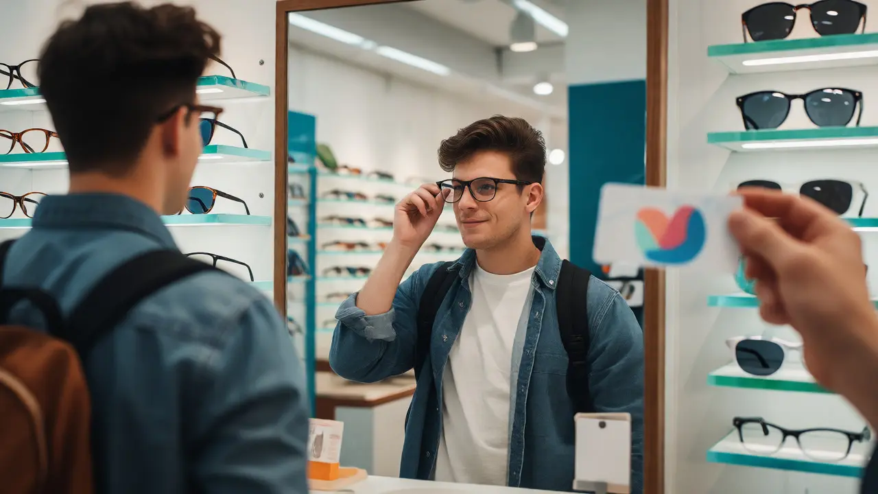 Student trying on glasses in a bright optician shop