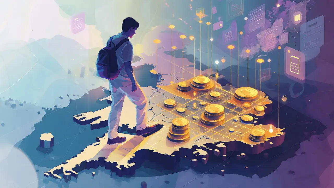 Student walking on a glowing digital path across a UK map, building credit