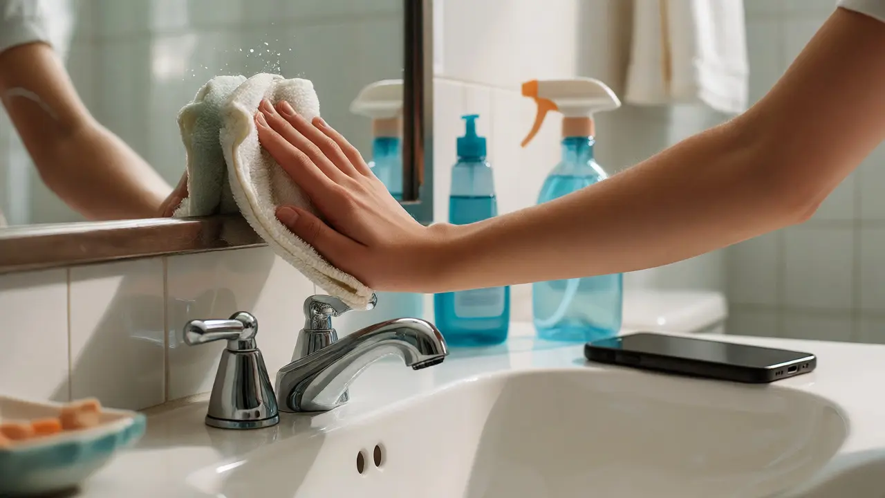 Student wiping bathroom sink with phone nearby for tracking