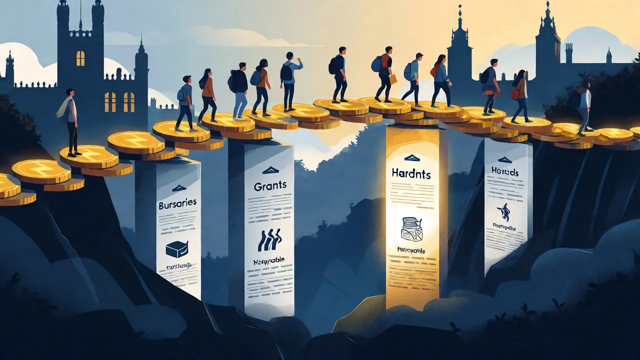 Students crossing a bridge of financial support over debt