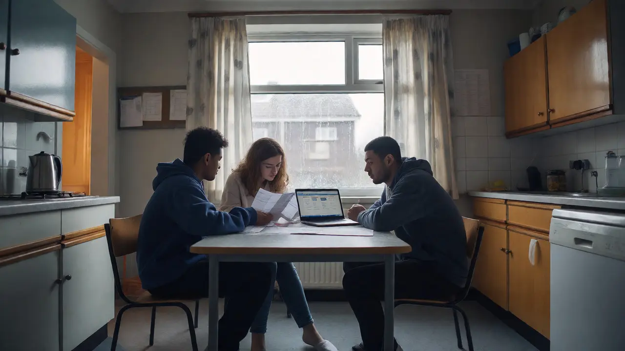 Students discussing bills in a shared house kitchen