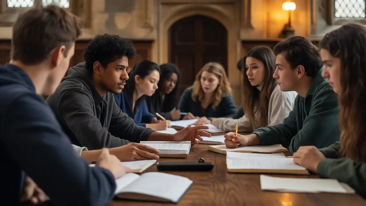 Students discussing essay feedback in a traditional UK university tutorial room