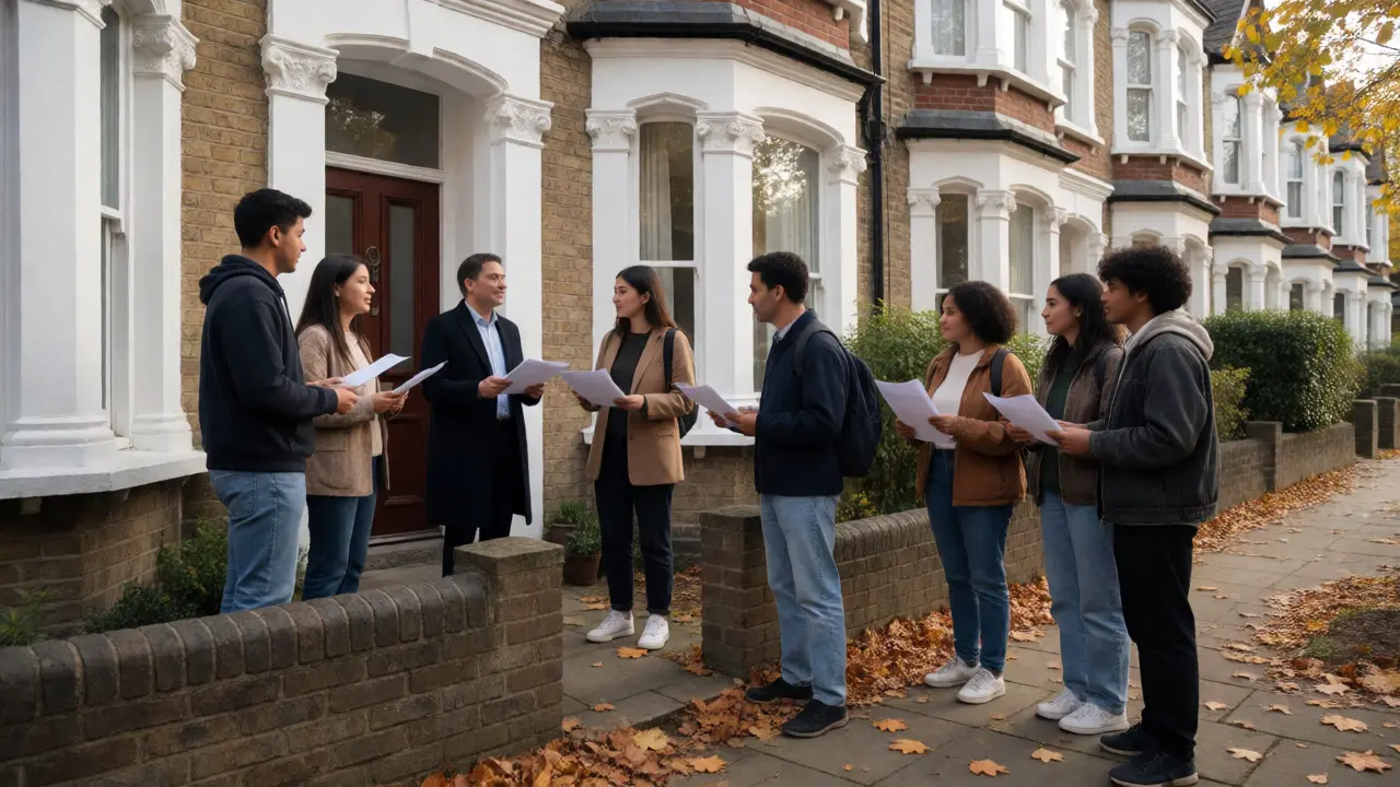 Students discussing rent terms with a letting agent outside a UK terraced house.