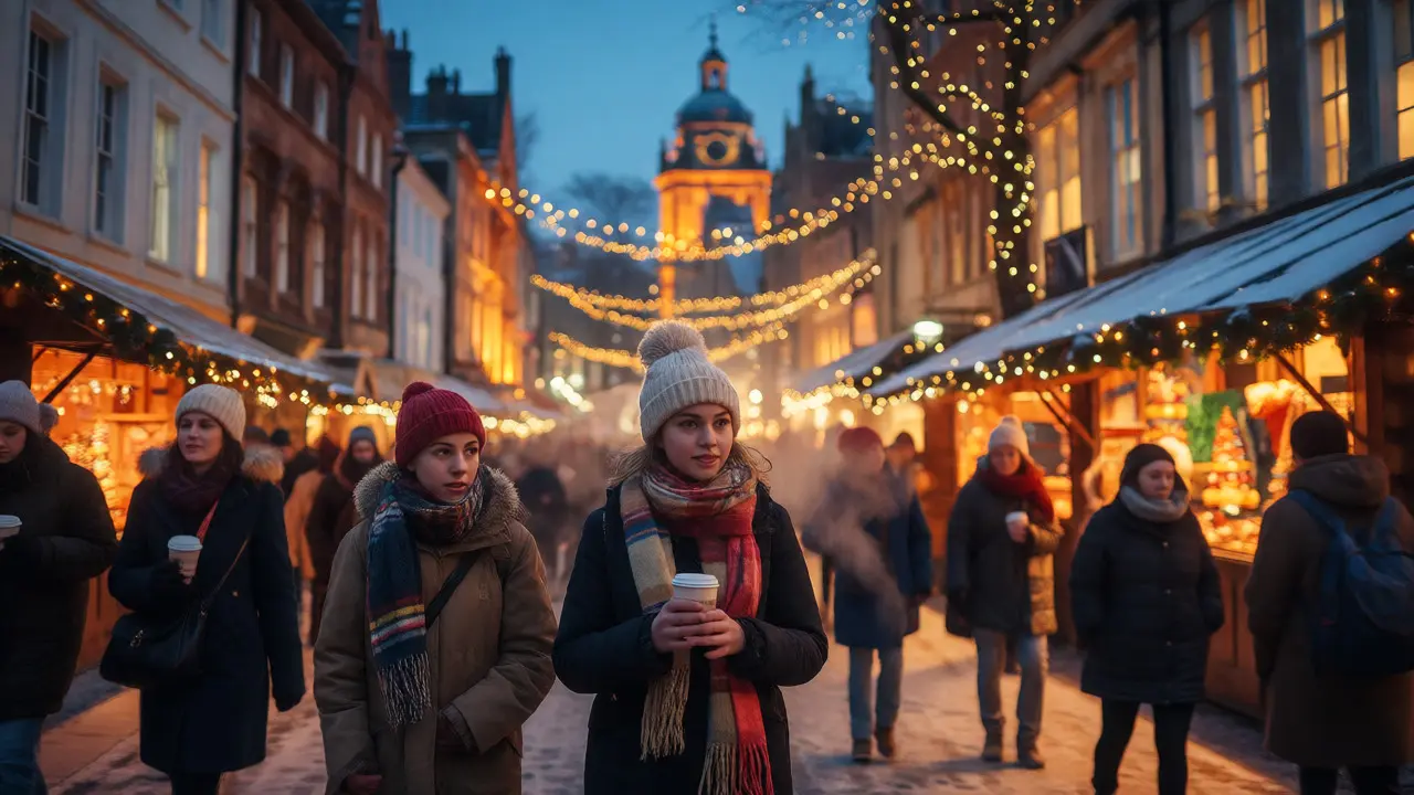 Students enjoying a snowy Christmas market in a UK city
