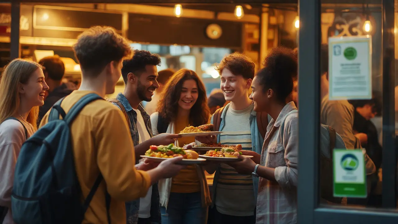 Students enjoying safe street food in UK city