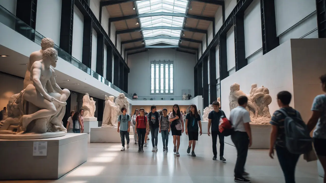 Students exploring a free museum exhibition in the UK