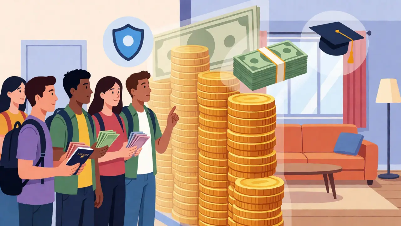 Students facing a wall of money to rent