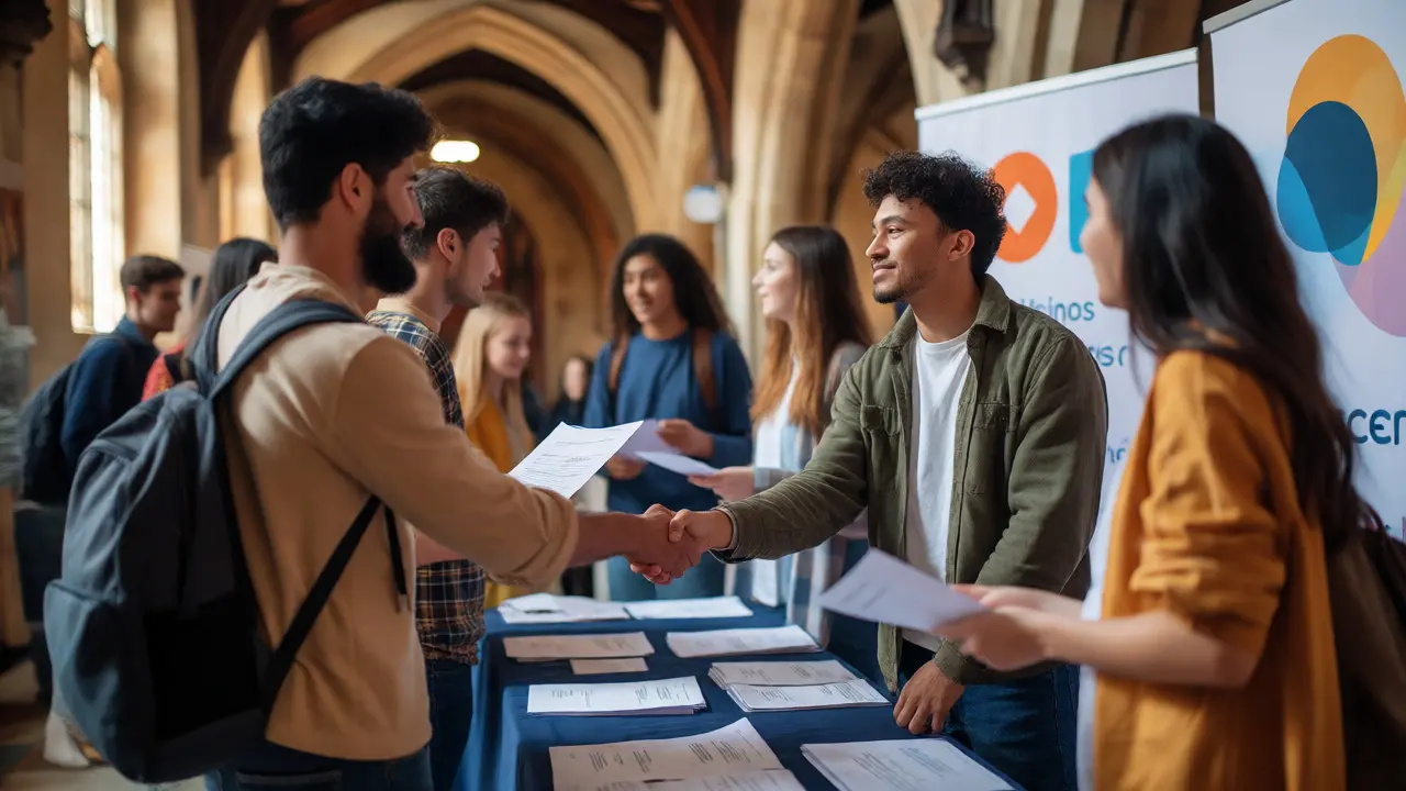 Students networking and handing CVs to recruiters at a career fair