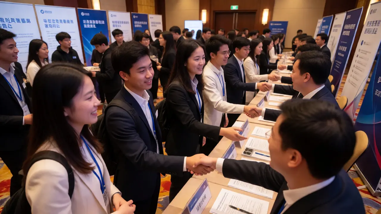 Students networking with recruiters at university fair