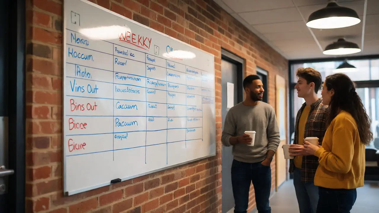 Students planning chore rota on a whiteboard in a hallway