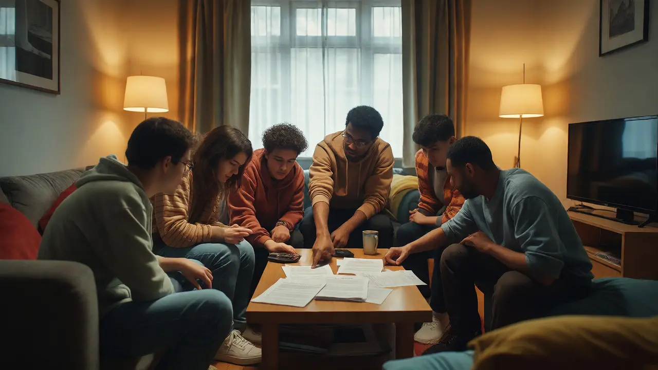 Students reviewing tenancy agreements and calculating TV licence costs in a shared flat