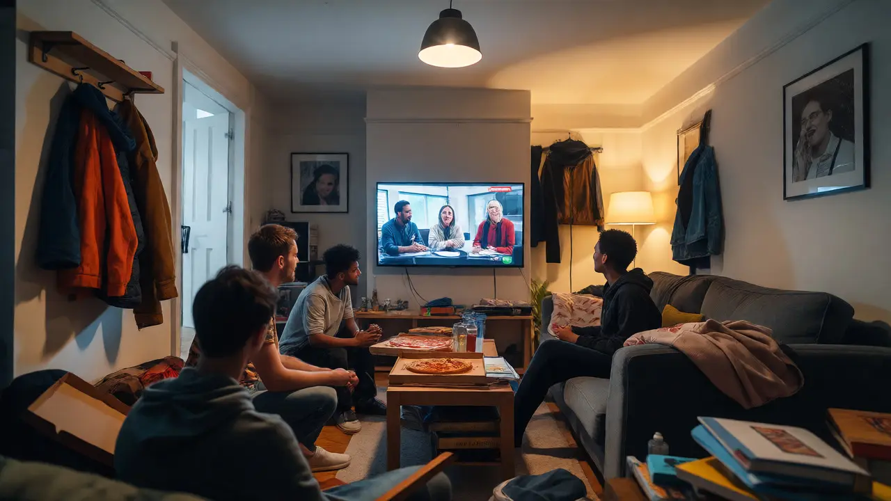 Students sharing a living room in a UK house share with TV