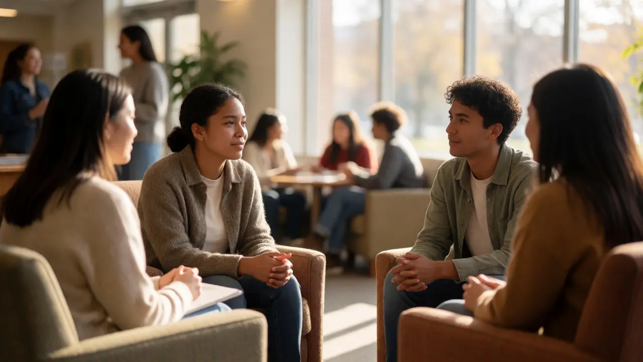 Students talking calmly in a sunlit university lounge, representing peer support and safety.