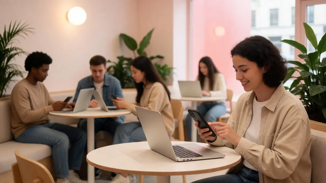 Students using mobile banking apps in a modern, plant-filled workspace