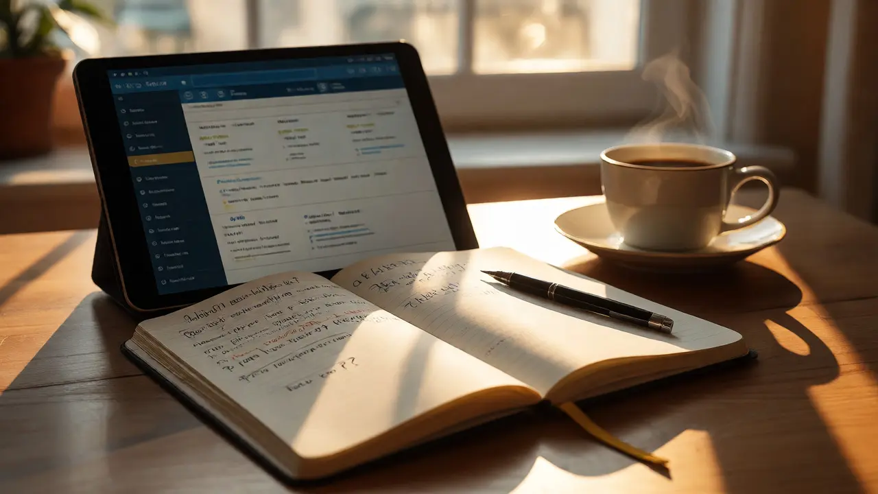 Study desk with handwritten notes, questions, and reference tools in sunlight.