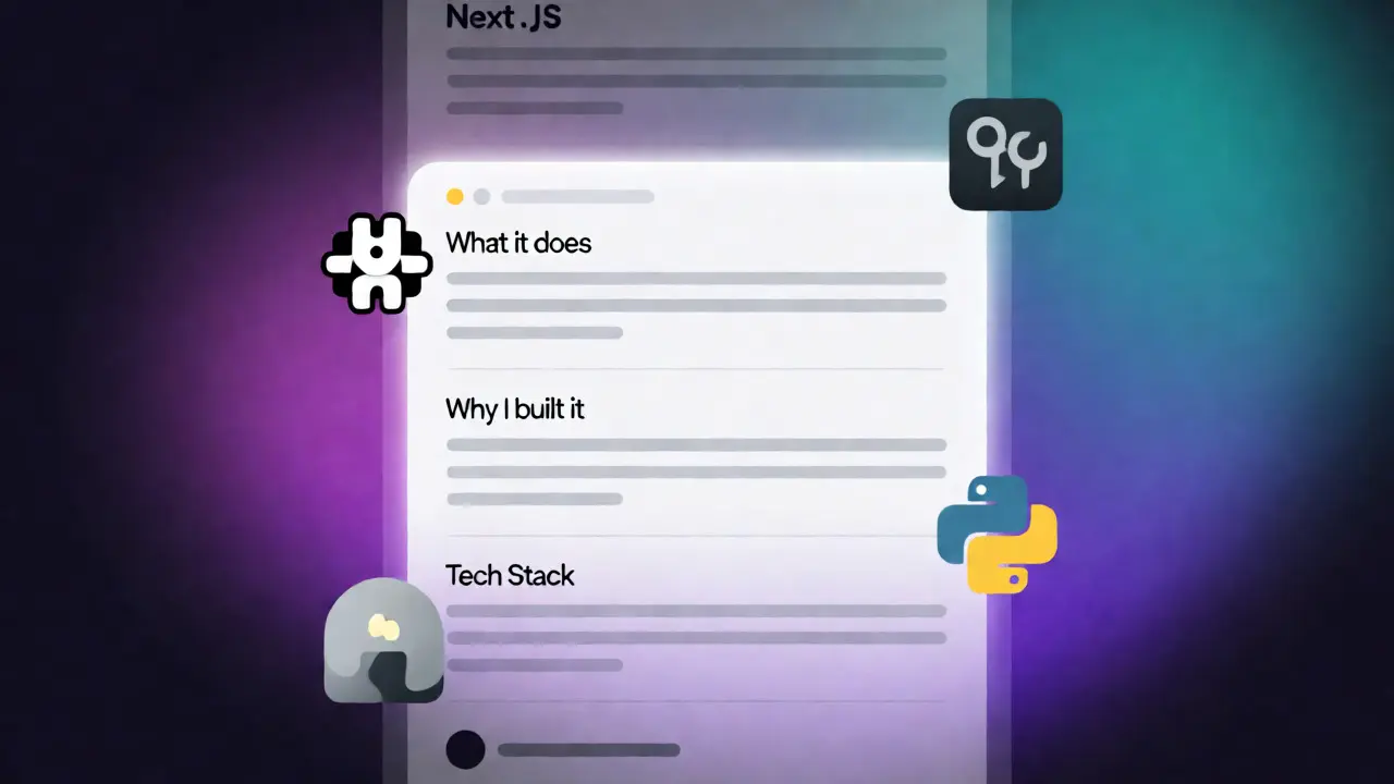 Stylized digital illustration of a well-structured GitHub README file with tech stack icons.