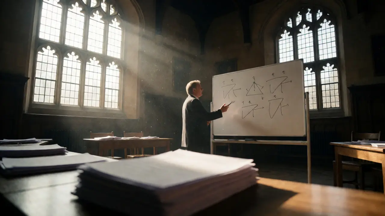 Sunlit UK university lecture hall with graded essays