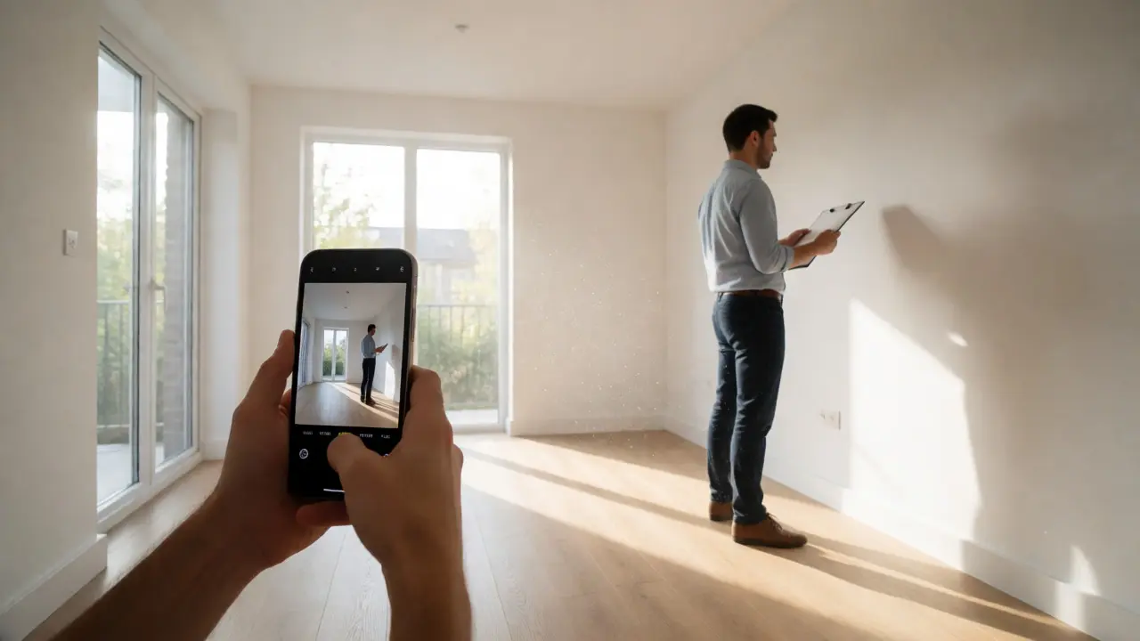Tenant photographing details during a flat move-out inspection