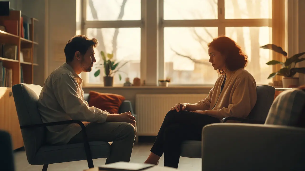 Therapist and student in a warm, confidential counselling session