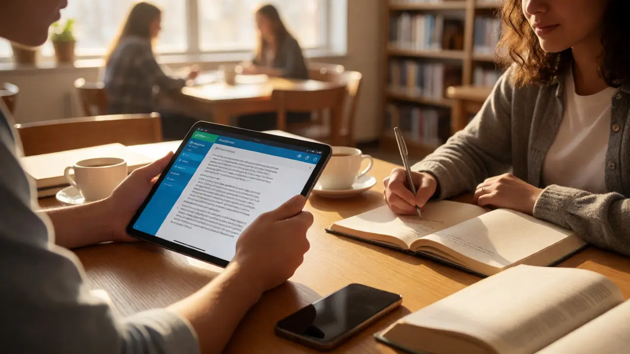Two students studying together in a bright library with reference tools