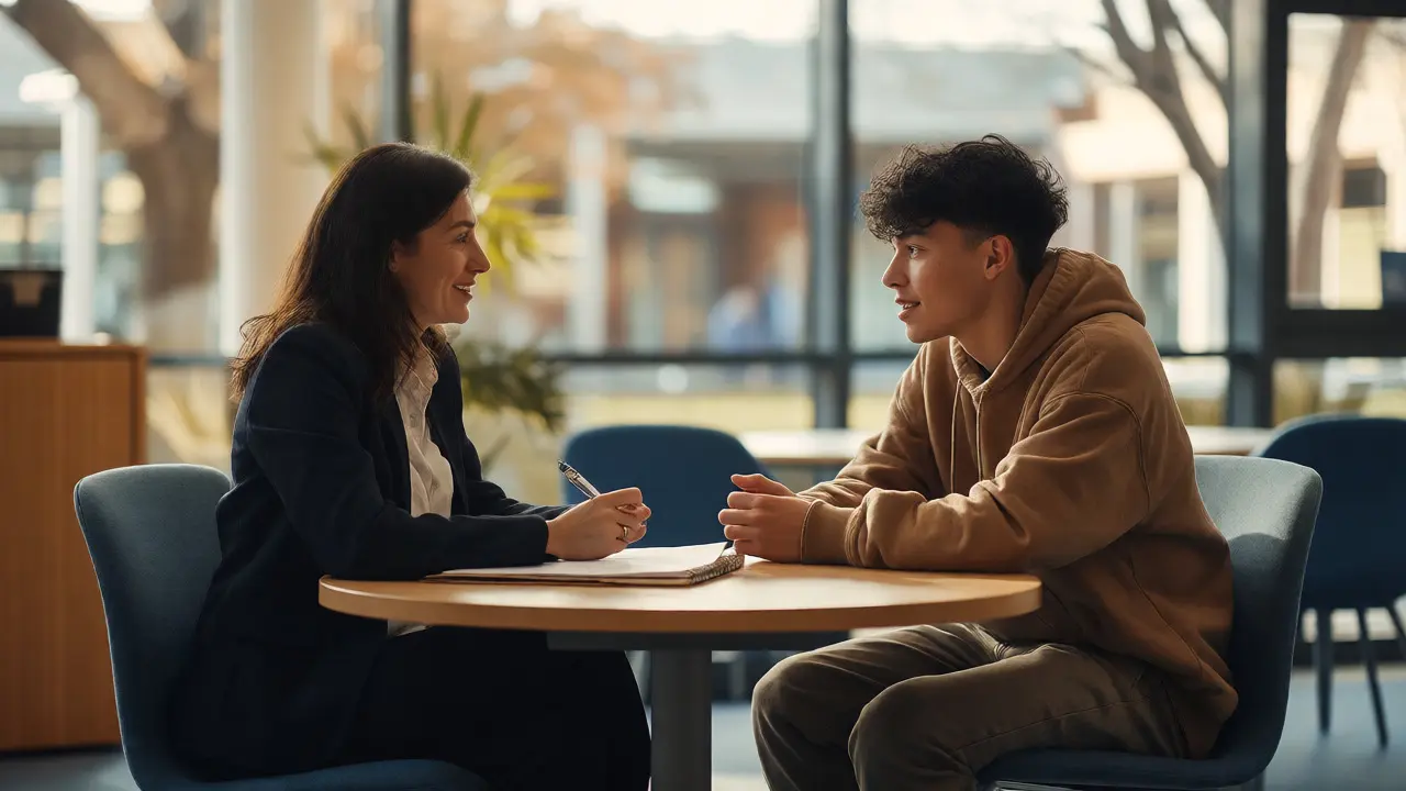 Welfare officer offering confidential support to a student in an advice center