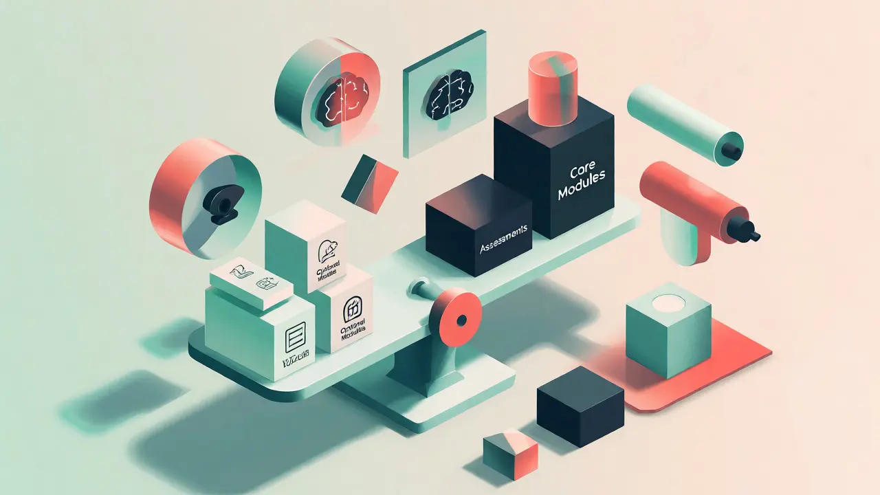 3D illustration of scales weighing core versus optional academic modules
