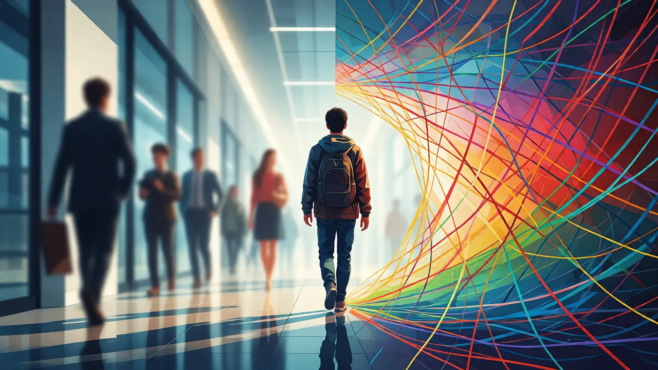 Abstract art showing a student supported by a colorful network of friends