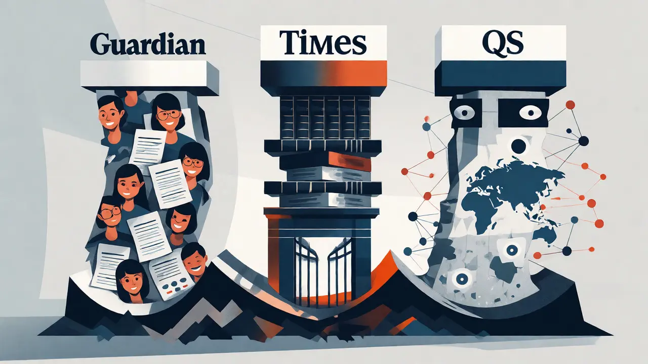 Abstract pillars representing different UK ranking methodologies shaking on a shifting base.