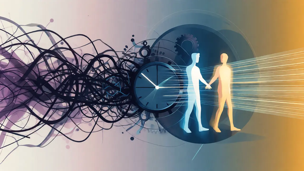 Abstract visualization of moving from chaotic procrastination to structured focus.