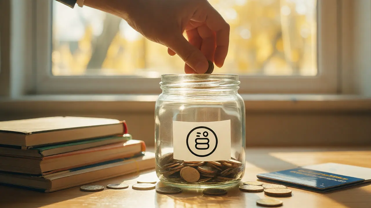 Coins being saved in a jar on a student desk