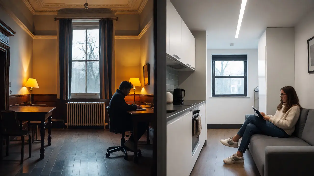 Comparison of traditional Victorian dorm room and modern student studio apartment