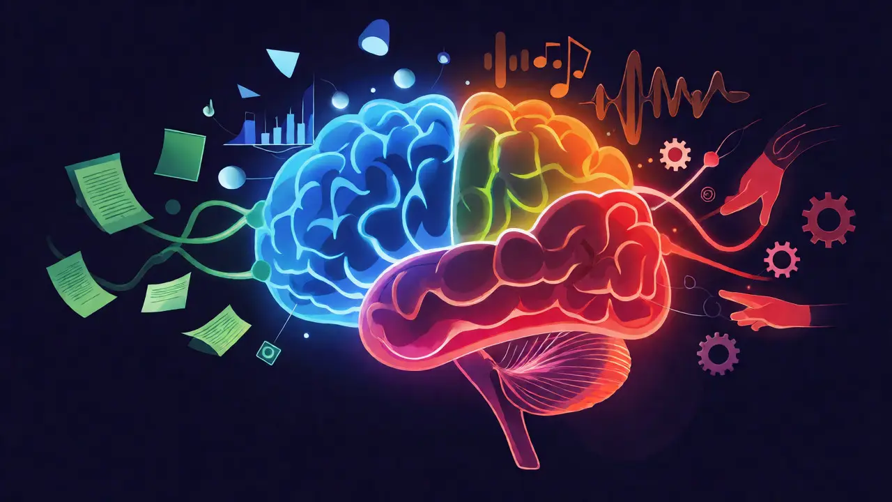 Conceptual illustration of a brain with four colored sections showing visual, auditory, read/write, and kinesthetic symbols.